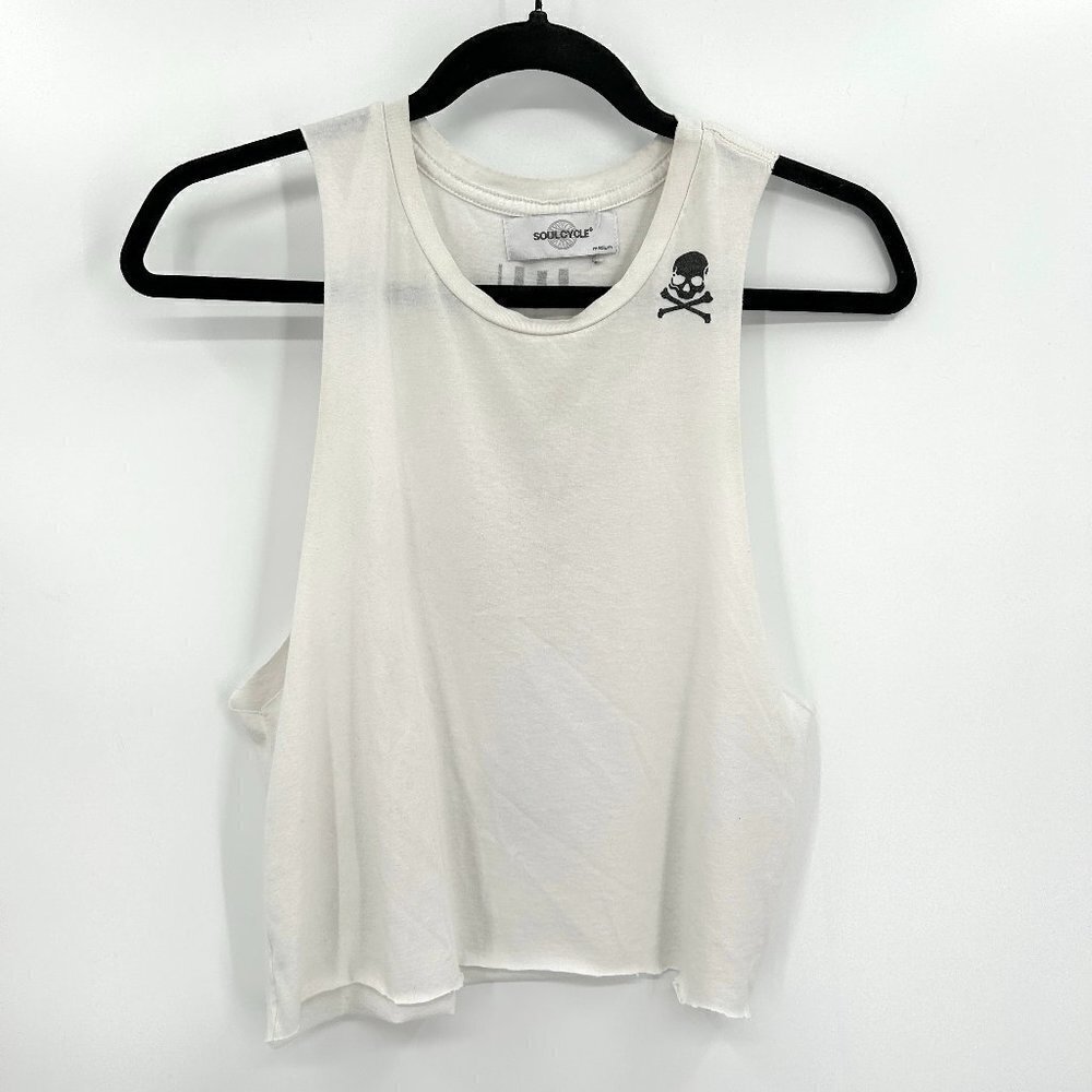 SOULCYCLE *FLAWED* White Black Skull Spell Out Graphic Cropped Tank Top Medium